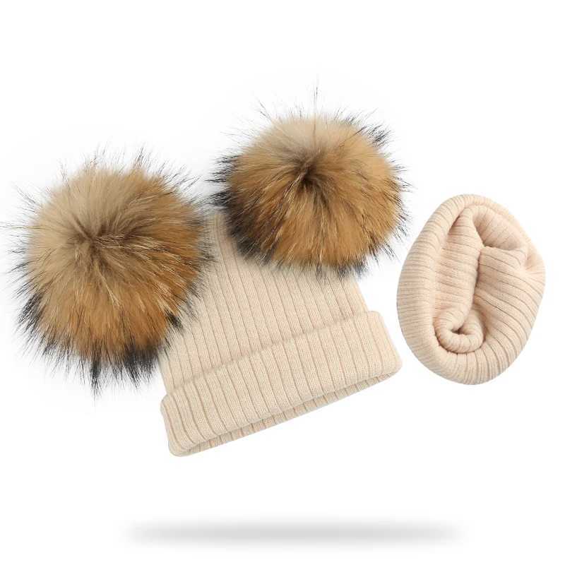 Winter Kids Natural Raccoon Fur Double Pompon Hat And Scarf For Girls Baby Cap With Genuine Pompom Childrens Accessories Bonnet M240821