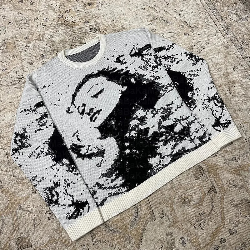 Womens Knitting Cute Anime Print Pattern O Neck Pullover Sweater Streetwear Girls Oversized Harajuku Knitwear Womens Y2k 240821