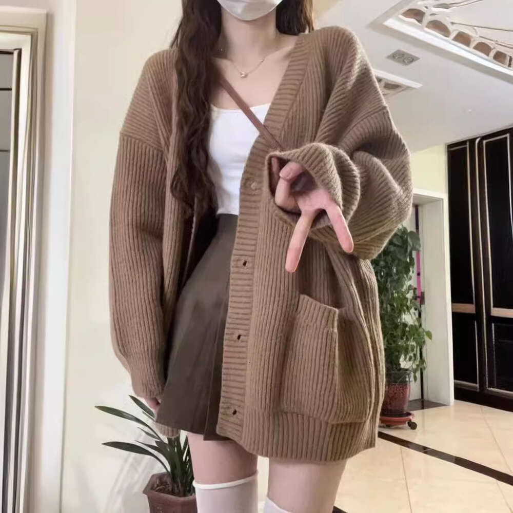 V-neck lazy style cardigan 2024 new simple sweater women's autumn and winter casual loose knitted jacket