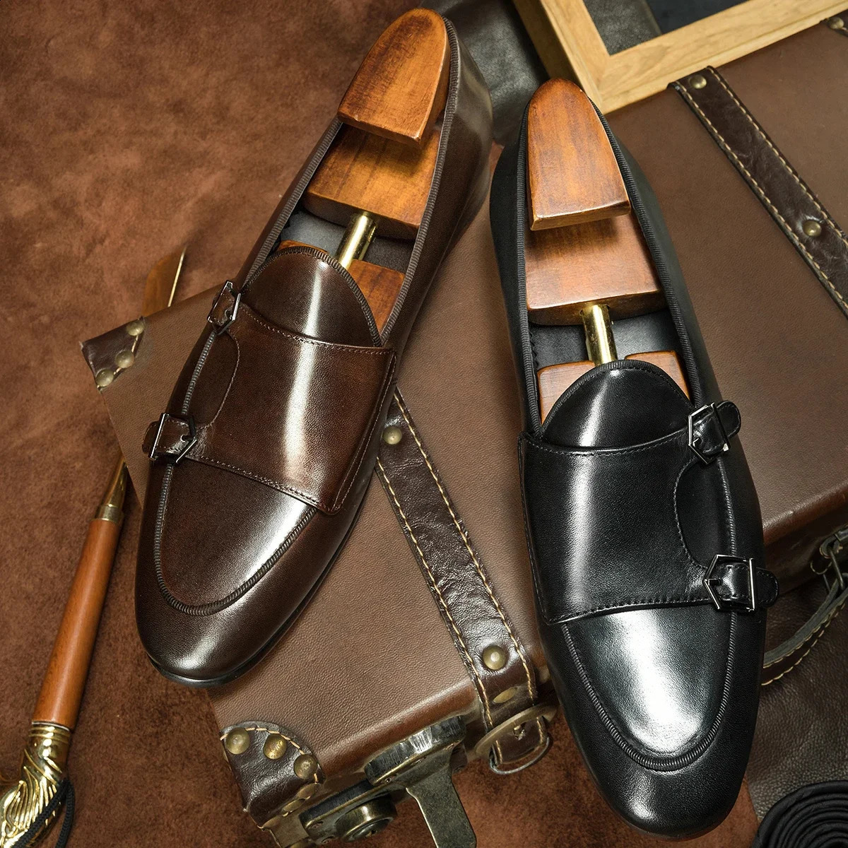 Spring and Autumn Mens Wedding Party Dress Shoes Black Brown Monks with Casual Fashion Mens Skating Boots 240821