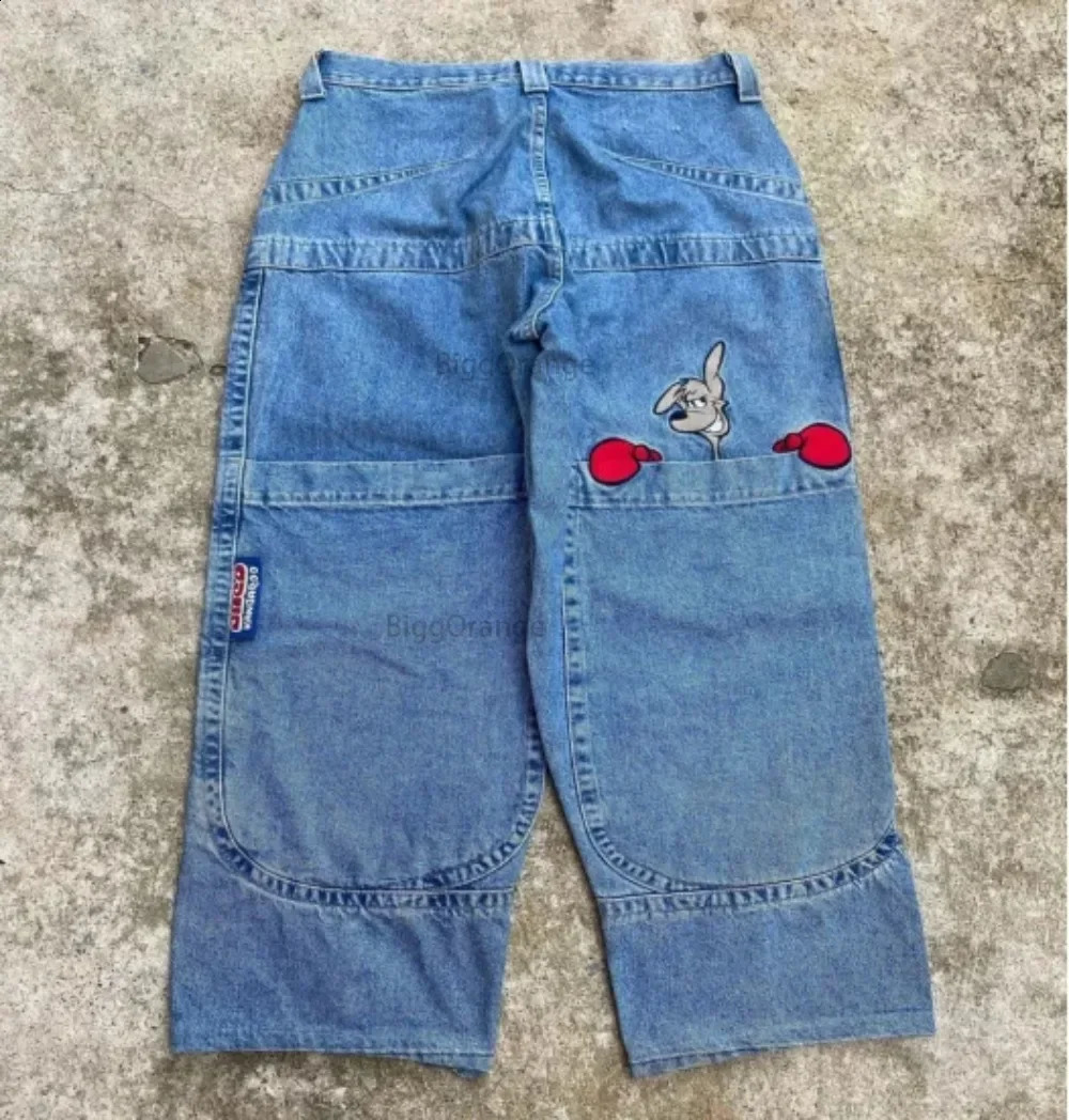Harajuku Personality Big Pocket Boxing Kangaroo Print Wash Wide Leg Jeans Y2K HipHop Street Casual Loose Denim for Men and Women 240821