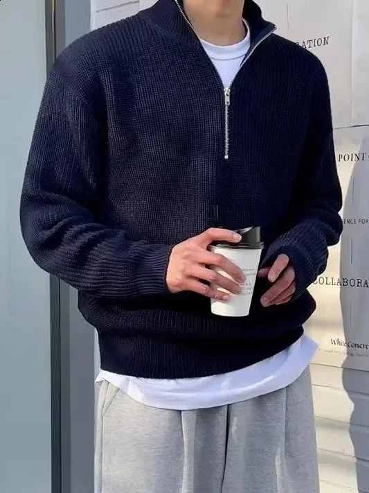 Spring Autumn Men Fashion Men Loose Half-high Collar Zipper Pullover Knitted Sweater Jacket All-match Clothing 240821