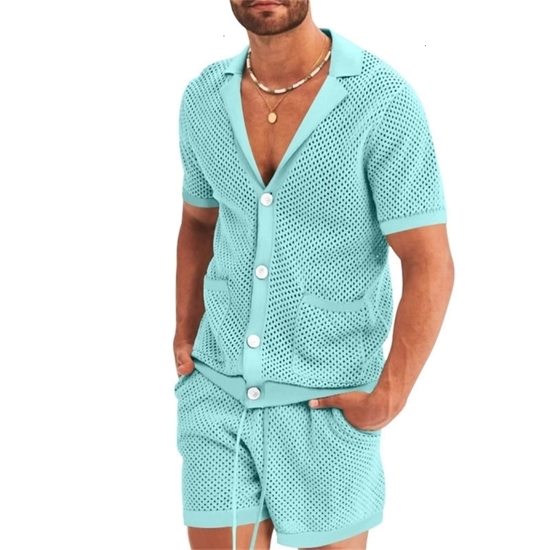 Summer Men Shorts Mesh Hollow Out Knitted Casual Sports Lapel TShirt Short Sleeve Solid Beach Suit Mens 2 Pieces Set Suits y240820