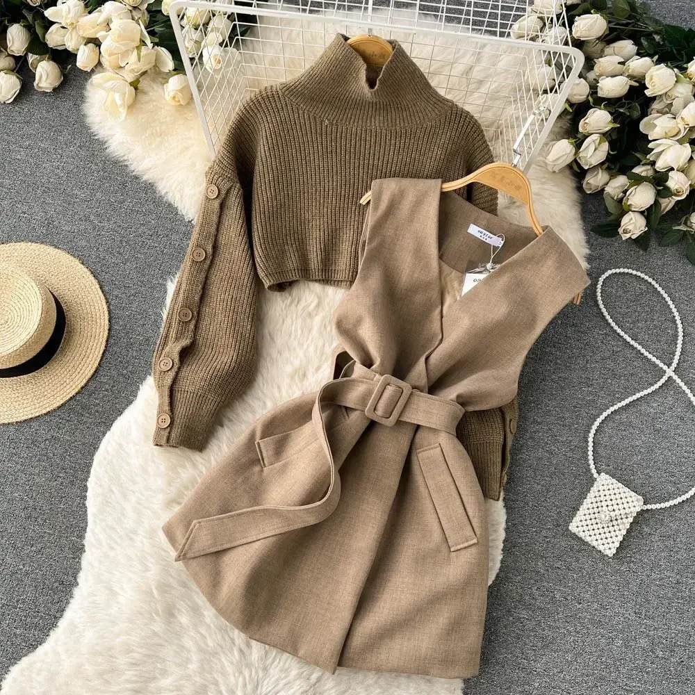 Autumn and Winter Gentle Style Wear Womens Korean Fashion Short Temperamental Sweater Vest Suit Skirt Two-Piece Set 240820