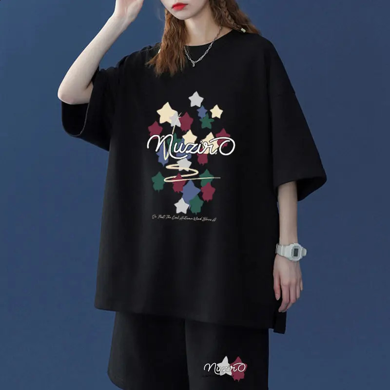 Oversized Retro Fashion Printing Athleisure Fashion Wide Leg Pants Two-piece Suit Summer Trend Young Style Elastic Waist T-Shirt 240820