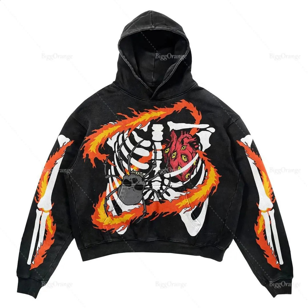 Y2K Fall Long Sleeve Hoodie Skull Print Oversized Sweatshirt Womens Streetwear Hoodie 240821
