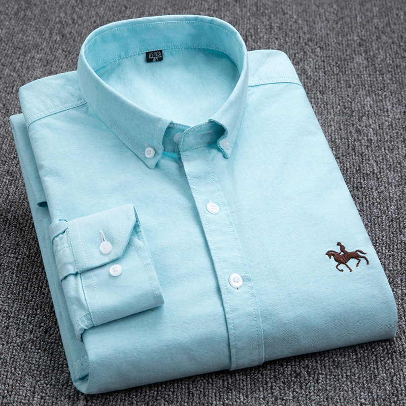 S-6XL Casual Pure Cotton Oxford Mens Shirts Long Sleeve Embroidery Horse Design Regular Fit Fashion Button Man White Dress Shirt Tops Outerwear