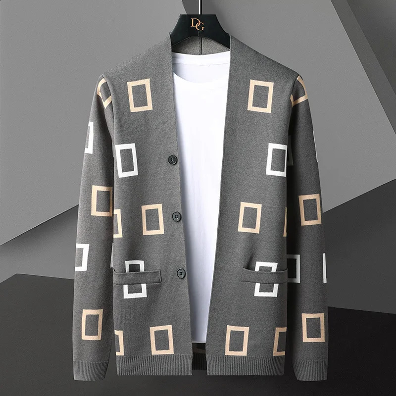 Men Autumn Winter Cashmere Plaid Print Knitted Cardigan Fashion Handsome Long Sleeve Cardigan Jacket Soft Warm Male Sweater Coat 240821