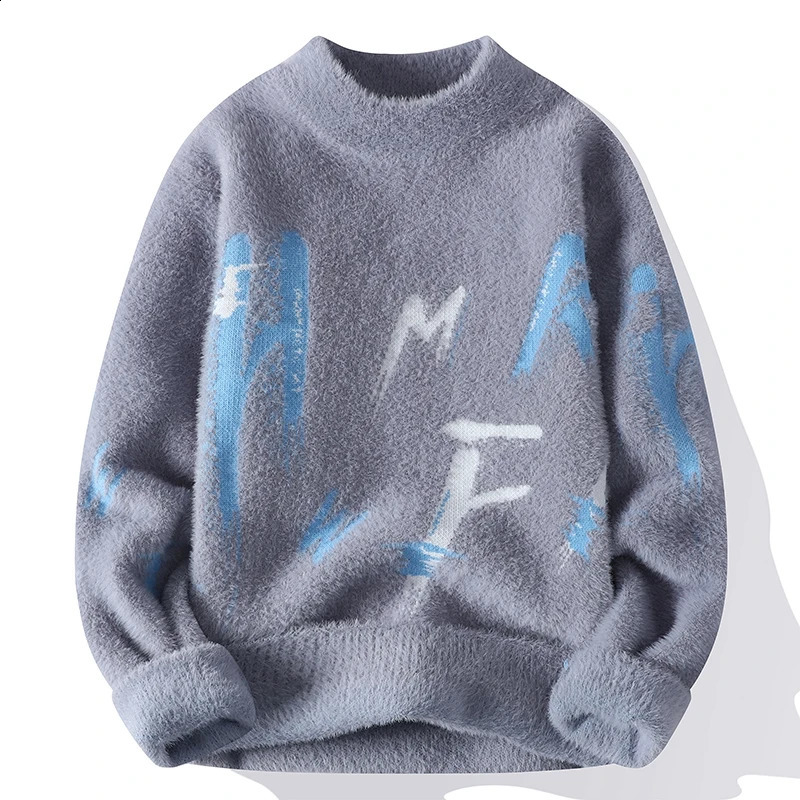 Mens Winter Sweater Pullover Mens Casual Slim Print Thicken Warm Knitted Sweater Jumper Street Outdoor All Match Sweatshirt 240821