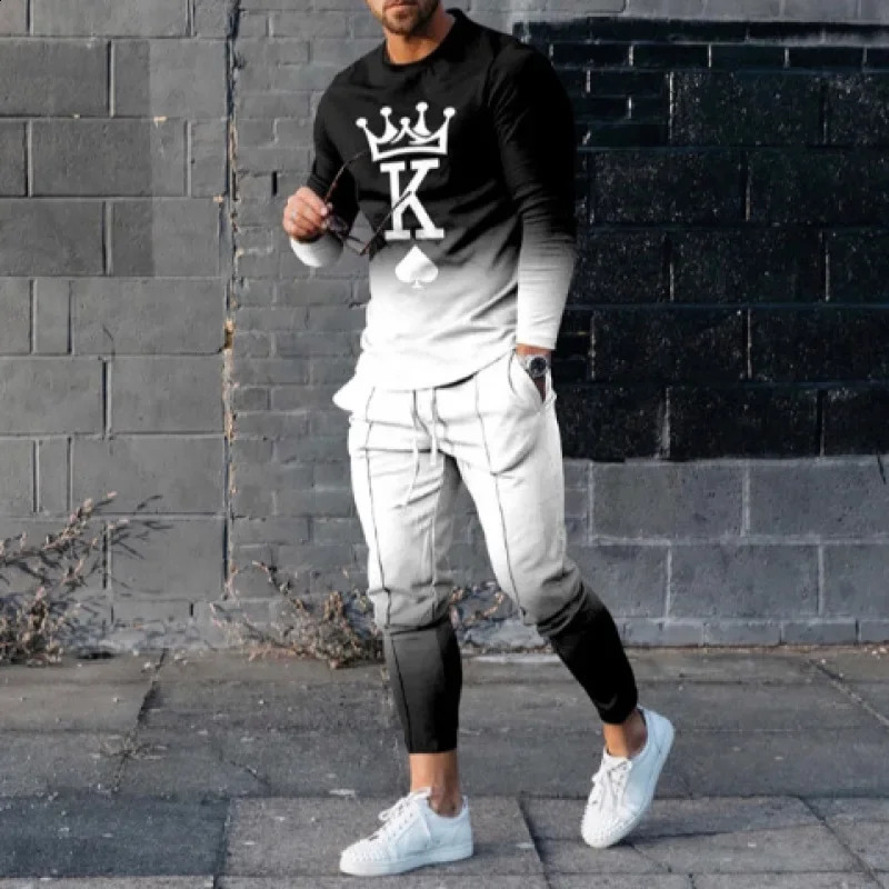 Sweater Set Mens Casual Loose Fit Large Fashion Versatile Trend Round Neck 3D Silent Print 2-Piece Set 240821