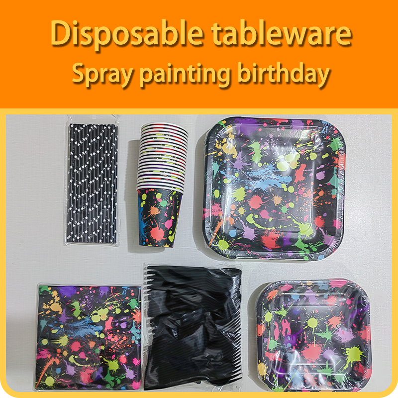 Spray painted birthday decoration tableware set suitable for watercolor themed party birthday supplies