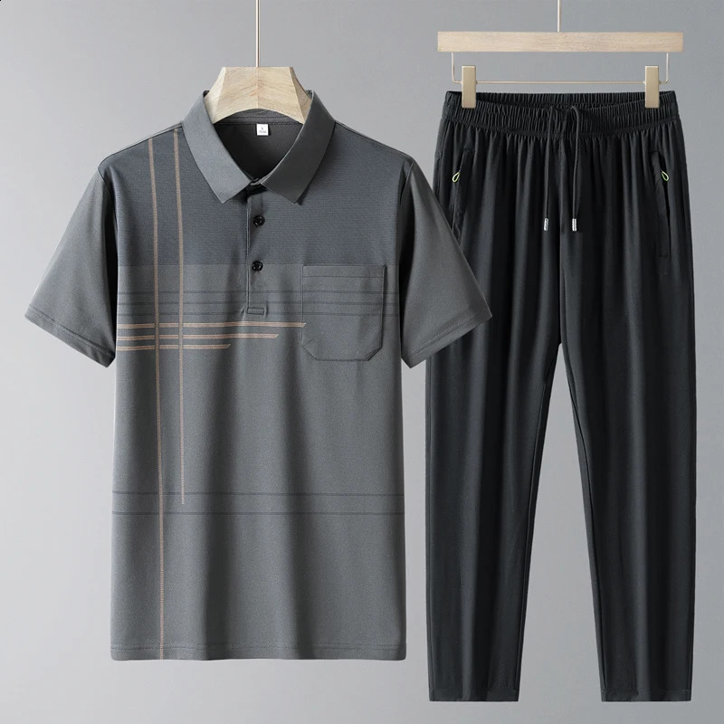Simplicity Casual Summer Print Ice Silk Mens Lapel Button Pockets Loose Short Sleeve Tops Trend Elastic Waist Pants Sets 240821