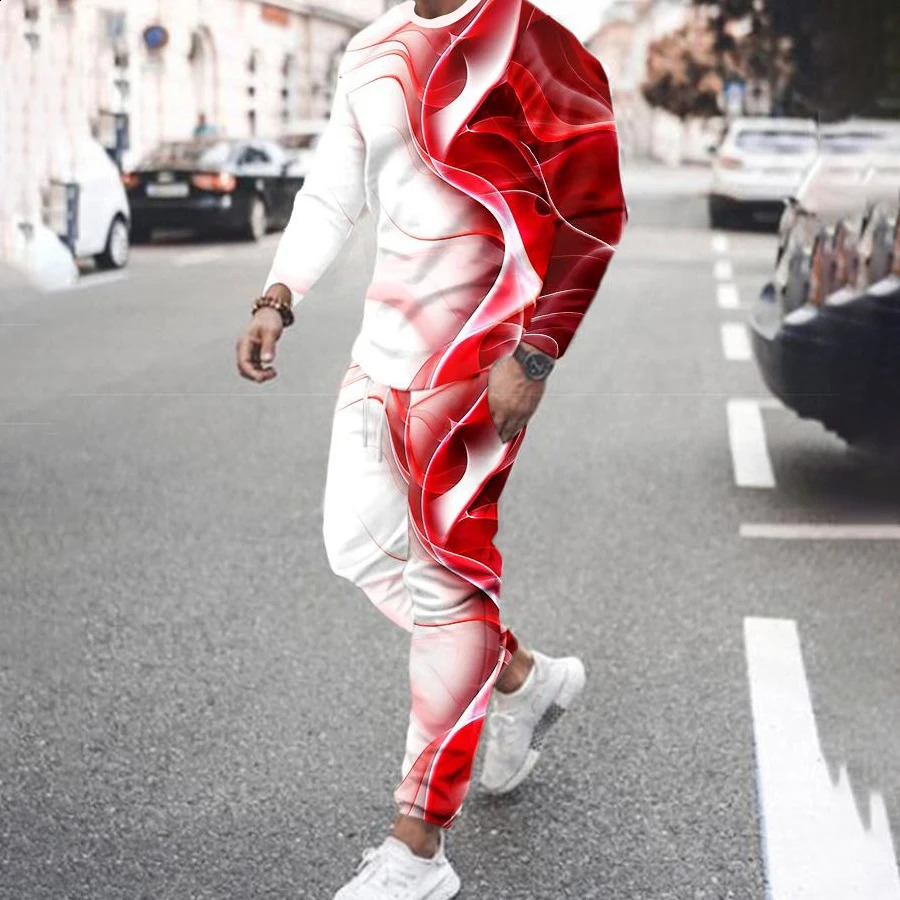 Autumn mens long sleeved T-shirt set sports pants 3D printed casual mens clothing fashionable oversized sportswear 2-piece set 240827