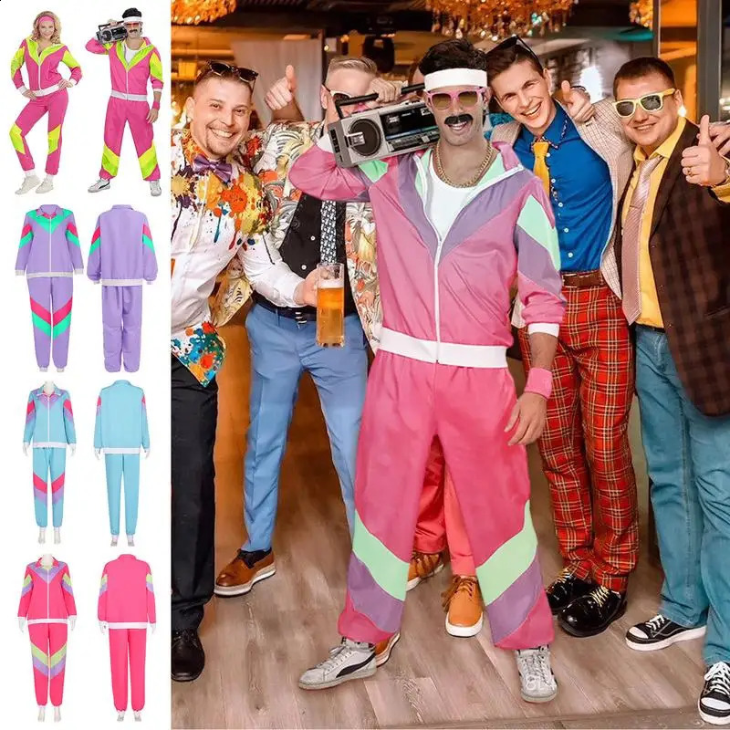 80s Sports Costume Men Color Block n 80s Couple Track Suit Vintage Long Sleeve Tracksuit Masquerade Jacket With Zipper 240821