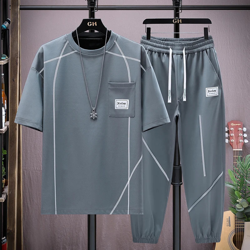 Summer Casual Mens Sets Short Sleeve T-Shirts And Full-Length Pants Two Piece Set Clothing Outwear Tops Tees Tracksuit 240821