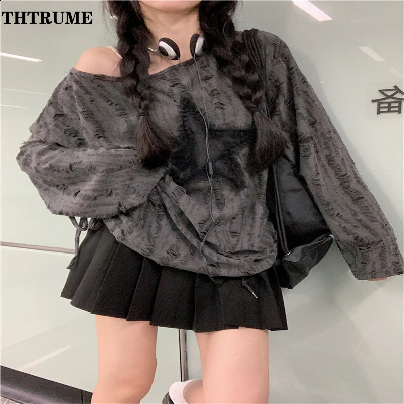 Y2K womens high street sweater fashionable slim shoulders streetwear jumper casual retro star print latte art 240821