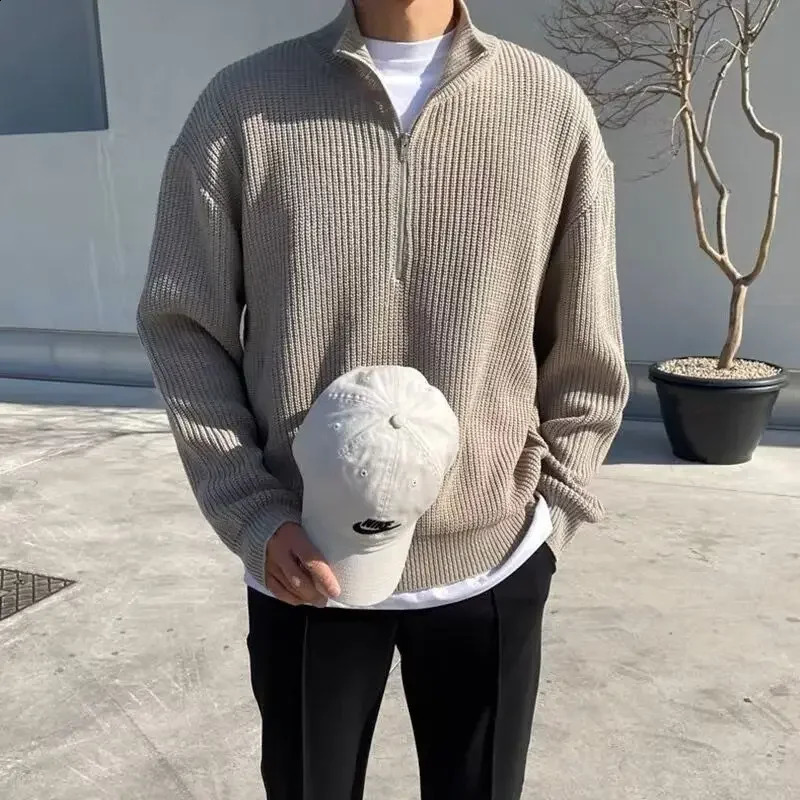Spring Autumn Men Fashion Men Loose Half-high Collar Zipper Pullover Knitted Sweater Jacket All-match Clothing 240821