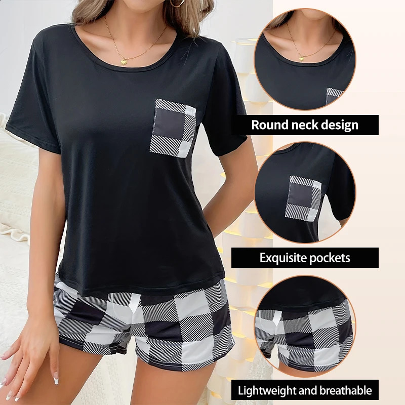 Summer two-piece plain weave pajama set for women with printed round neck top and bow plain weave shorts casual pajama set 240807