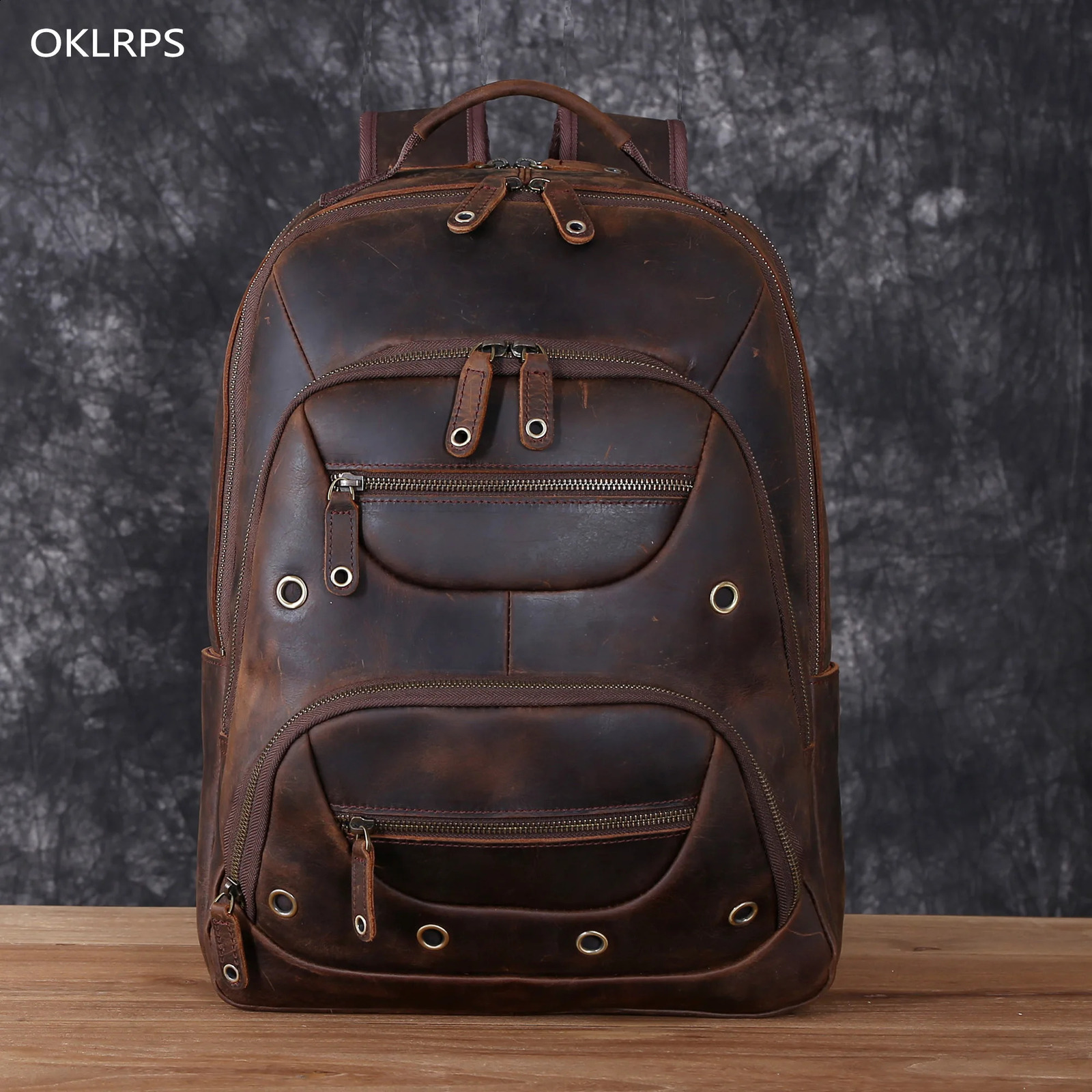 Retro leather backpack mens top denim large capacity hiking bag multilayer travel computer 240820 e97d 4