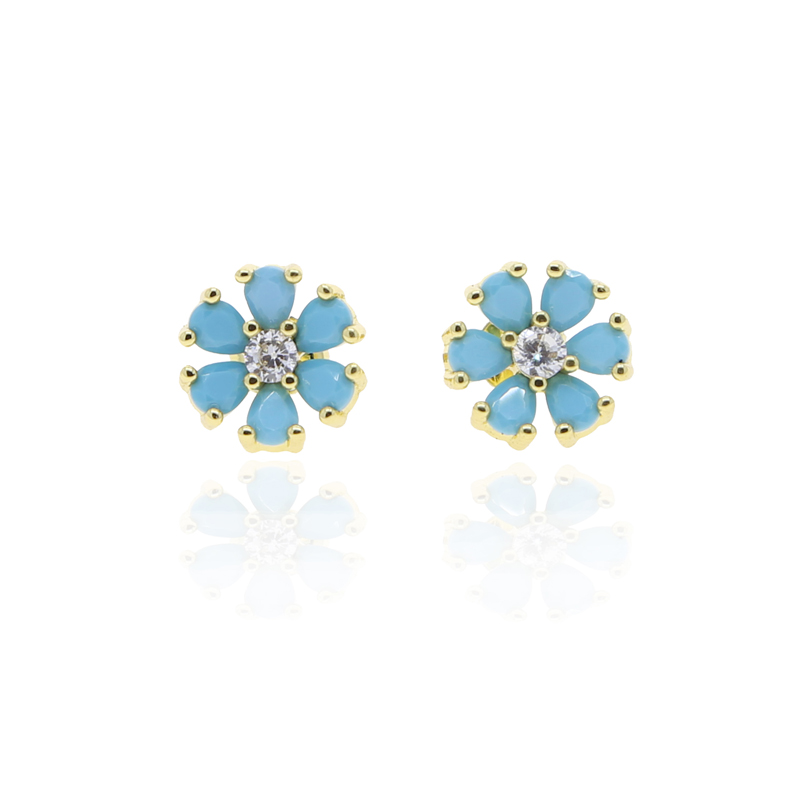 Minimal Delicate Flower Shaped Stud Earring Micro Pave Blue Turquoises White CZ Stone Fashion Women Multi Piercing Bling Jewelry