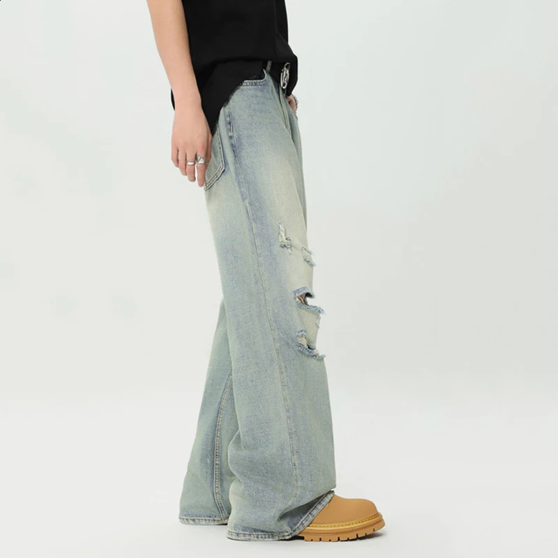 IEFB High Street Mens Jeans Straight Loose Hole Worn-out Men Denim Pants Summer Trendy Male Trousers Women 9C6631 240821
