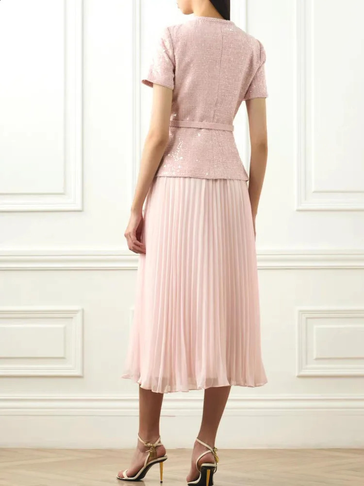 Women's 2-Piece Sequins Tweed Set - Elegant Short-Sleeve Coat And High-Waisted Pleated Skirt Party Outfits