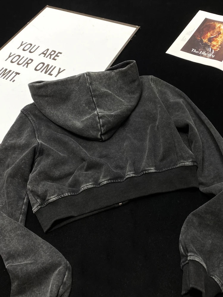 Cotton Terry Black Brown Zip Up Cropped Hoodies Hoode Sweatshirt Coat Jackets Clean Fit Outwear Korean Kpop Top Women 240820