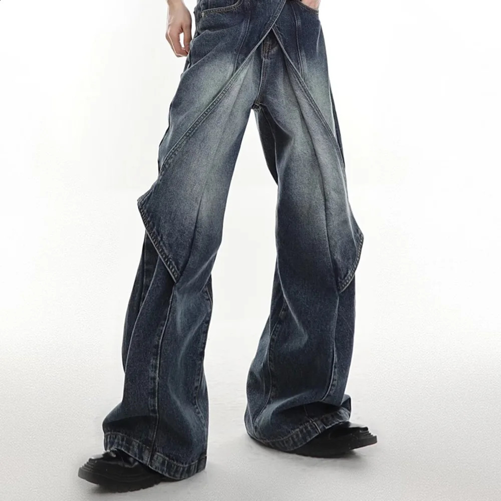 Men Casual Jeans Summer Heavy-Duty Old Washed Jeans Deconstructed Cut-Out n Gradient Color Flared Pants Wide-Leg Pants 240821