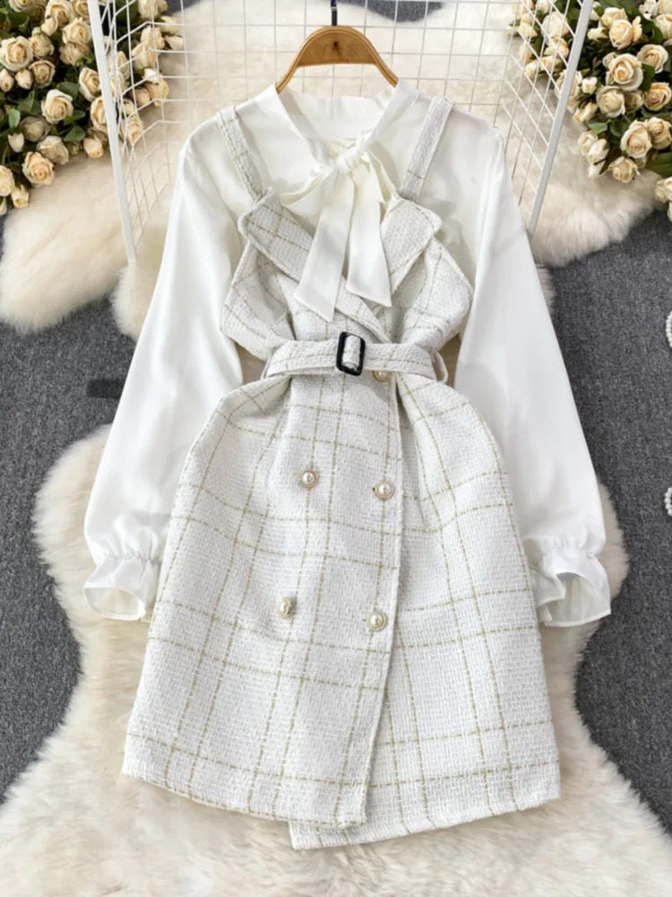 XFPV Womens Sweet Strap Wind Waist Wrapping Tweed A-line Dress Two Piece Set Bow Shirt Fashion Spring Summer SM11386 240820