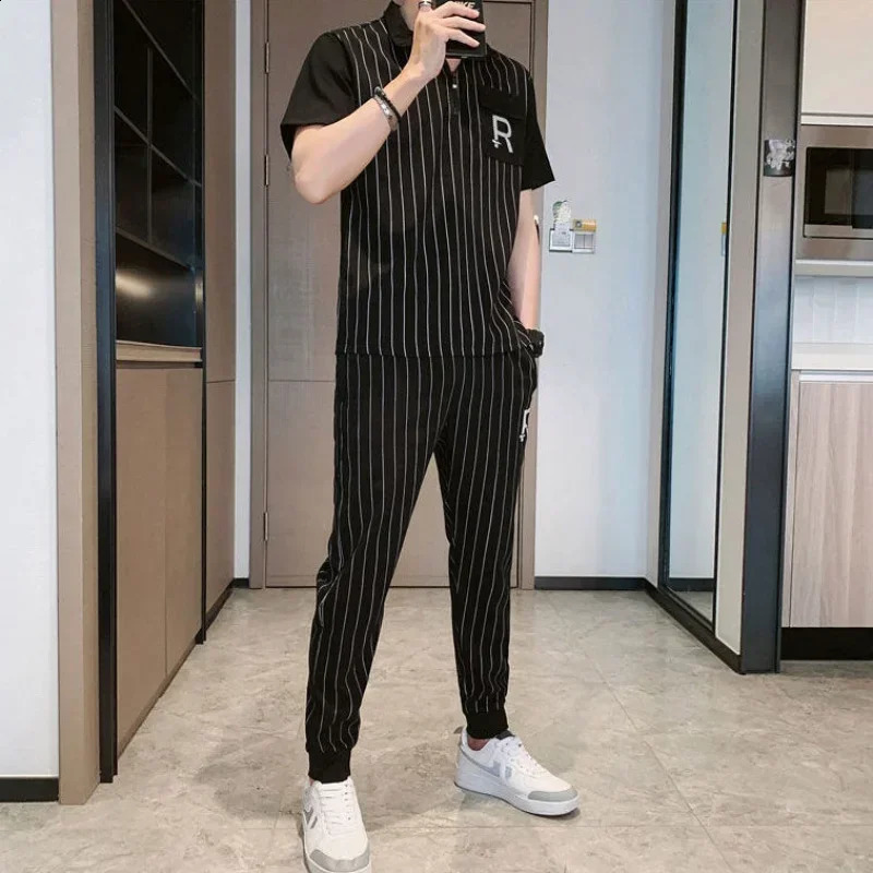 Top Jogging T Shirt Man Jogger Mens Clothing White Pants Sets Striped Tracksuit Smooth Sports Suits Short Quarter Sleeve Casual 240821