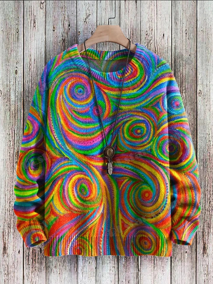 Winter Unisex Casual Knit Pullover Sweater Rainbow Colors Swirl Nebulous Art 3D Printed Crewneck Knitted Sweaters KMY27 240821