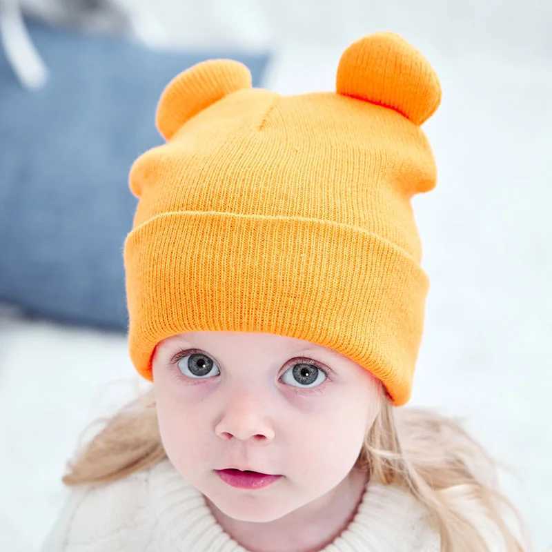 Winter Warm Wool Baby Knitted Hat Cute Ears Children Beanie 1-4 Year Old Girls and Boys Solid Color Crochet Hat Childrens Skull Hat W241213