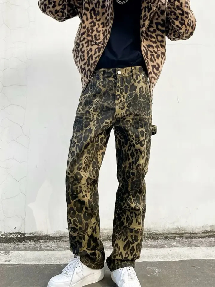 Baggy Leopard Print Y2k Jeans Man Casual Wide Leg Denim Pants Fashion Streetwear Retro Straight Jeans korean fashion 240821