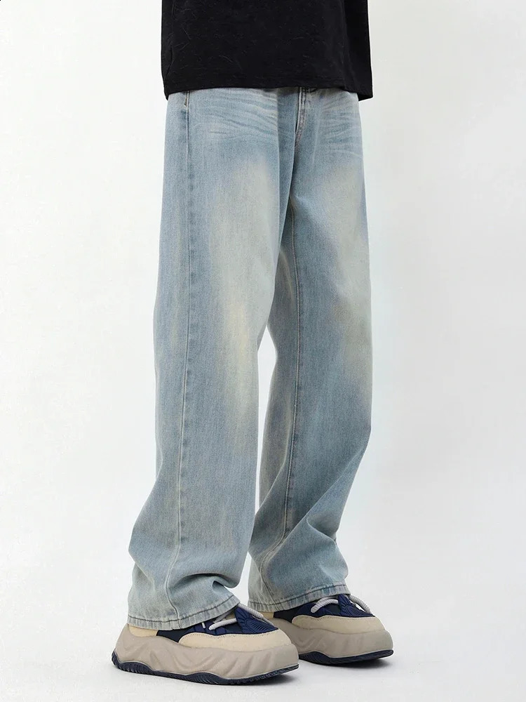 Baggy Korean Jeans Mens Personalized Y2k Pants Fashion Straight Casual Vintage Denim Trousers Male Streetwear Blue 240821