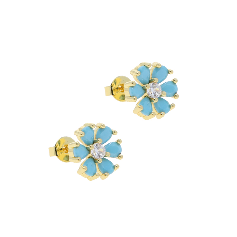Minimal Delicate Flower Shaped Stud Earring Micro Pave Blue Turquoises White CZ Stone Fashion Women Multi Piercing Bling Jewelry