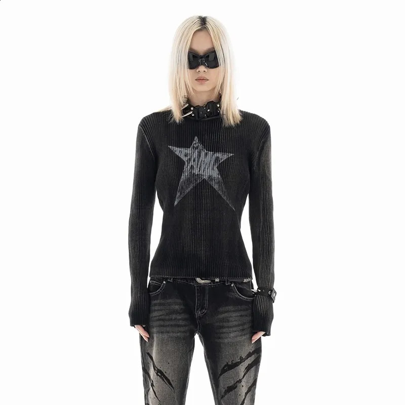 Karrcat Grunge Aesthetics Knitted Top Retro Distressed Pullover Punk Ribbon Jumper American Washed Black Sweater Y2k 240821
