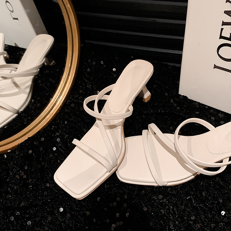 Ddmysports Su Yinyin S Same Seoul Sister Summer Style Square Ead Transparent One Word With Open Toe Middle Eel Cool Drag Women Genuine Leather OUTDOOR