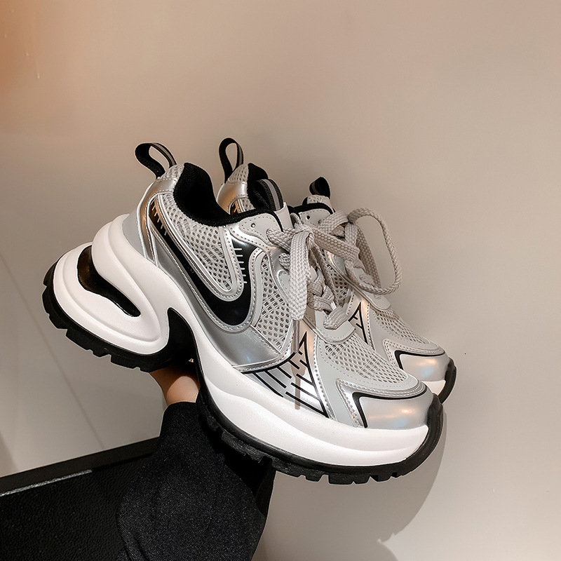 Ddmysports Zhao Lusi Same Style Summer Breathable Silver Thick Sole Elevated Casual Sports For Dad Shoes Women Genuine Leather OUTDOOR