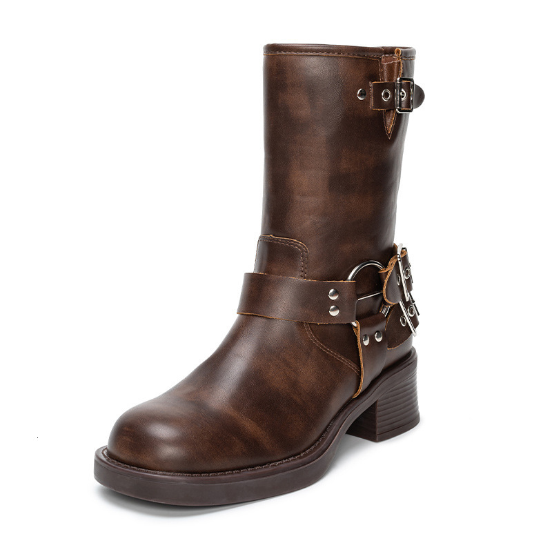 Ddmysports Grape Mom S Autumn Winter Collection Round Ead Belt Buckle Thick Eel Western Knight Women Genuine Leather Igh Eels Short Boots OUTDOOR