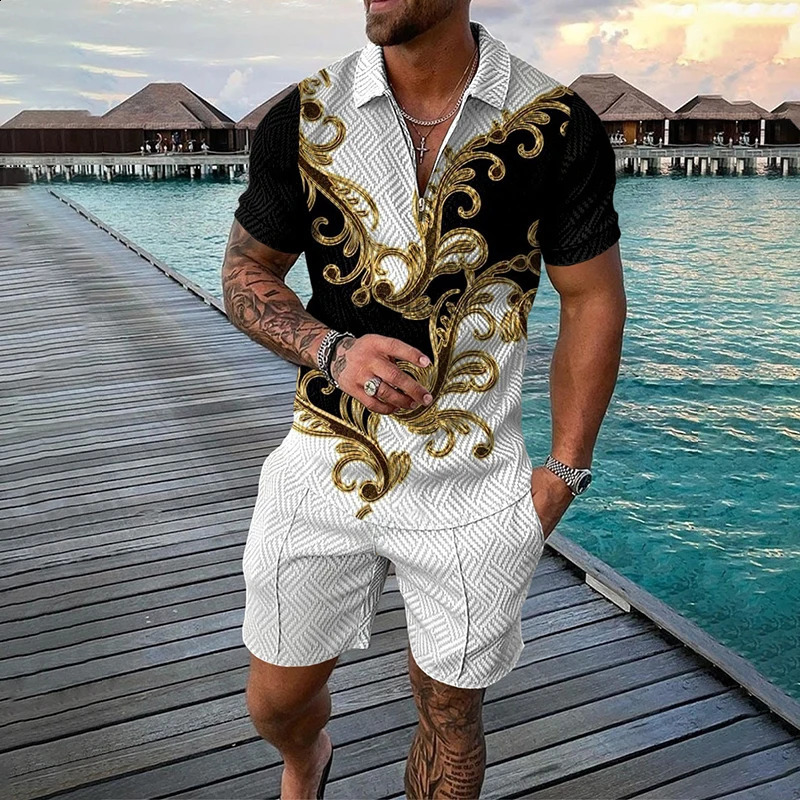 Summer Mens Set Fashion Casual 3D Printing V-Neck Zipper Short Sleeve POLO Shirt Shorts Mens Set 2 Pieces Mens Clothing 240820