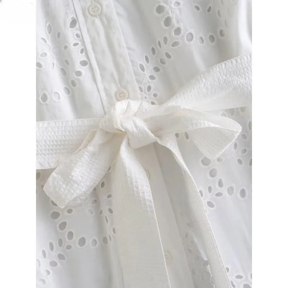DUOPERI Women Fashion White Cotton Embroidery Midi Shirt Dress Long Sleeves High Waist With Sashes Female Chic Lady Long Dress 240821