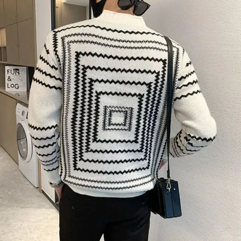 Man Clothes Graphic Knitted Sweaters for Men Pullovers Striped Half Collar Turtleneck White Korean Fashion Order Classic X 240821