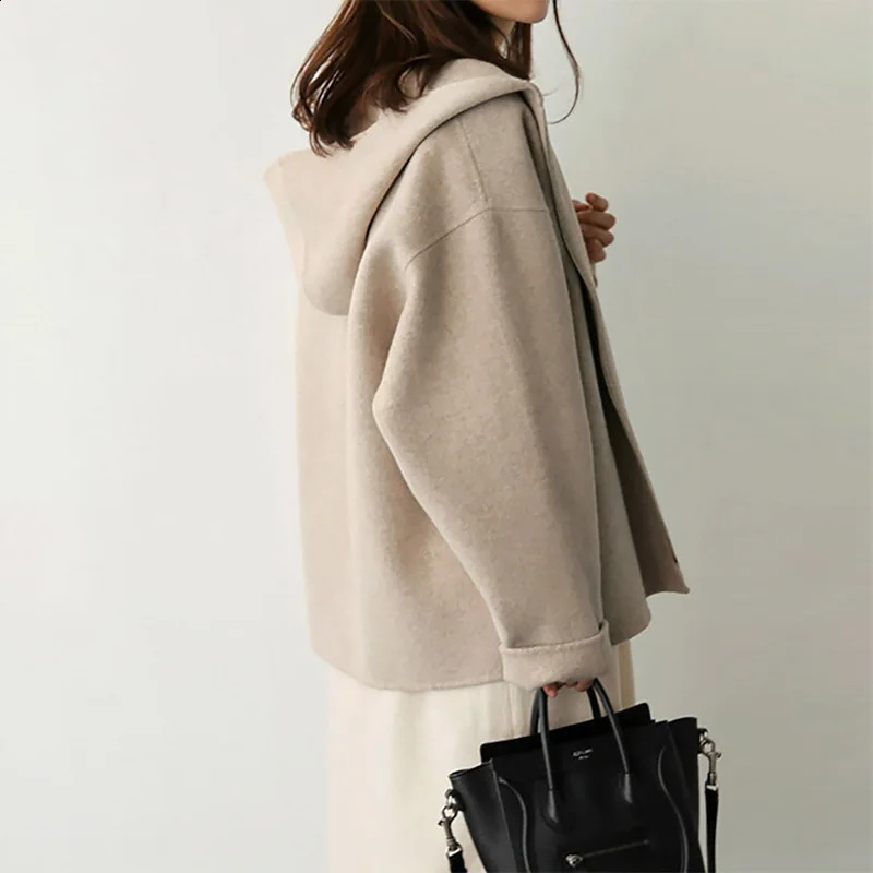 Hooded Woolen Coat Womens Short Spring Autumn Korean Version Loose Solid Color Fashion Casual All-Match Wool Jacket