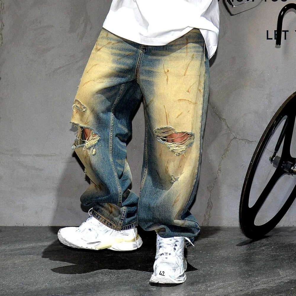 Japanese Streetwear Ripped Baggy Jeans For Mens Clothing Hip Hop Vintage Denim Trousers Korean Fashion Distressed Pants Male 240821