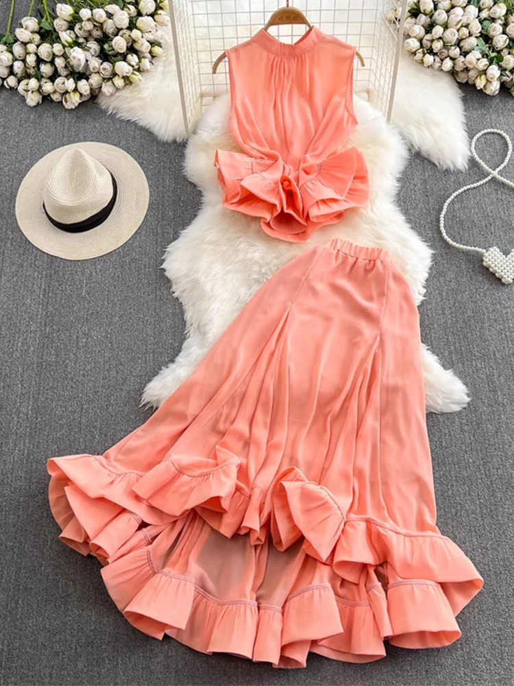 XFPV Womens Stand Neck Ruffle Swing Waist Sleeveless Top Two Piece Set High Waist Skirt Y2k Korean Fashion summer SM11006 240820