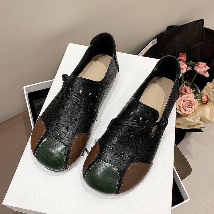 Ddmysports Spring Summer New Ethnic Style Ollow Bean Leather Soft Bottom Casual One Step Comfortable Flat Shoes OUTDOOR