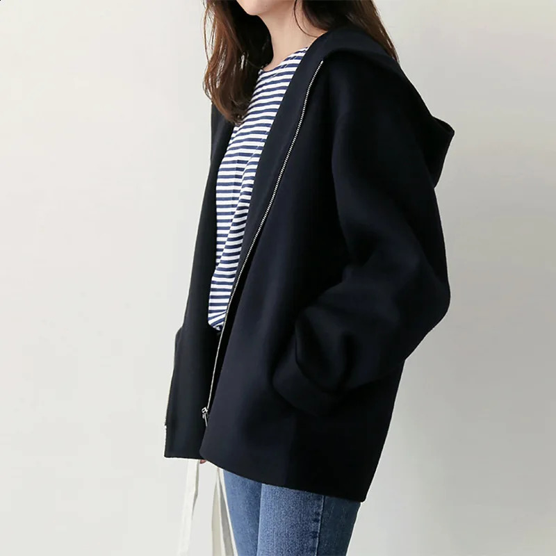 Hooded Woolen Coat Womens Short Spring Autumn Korean Version Loose Solid Color Fashion Casual All-Match Wool Jacket