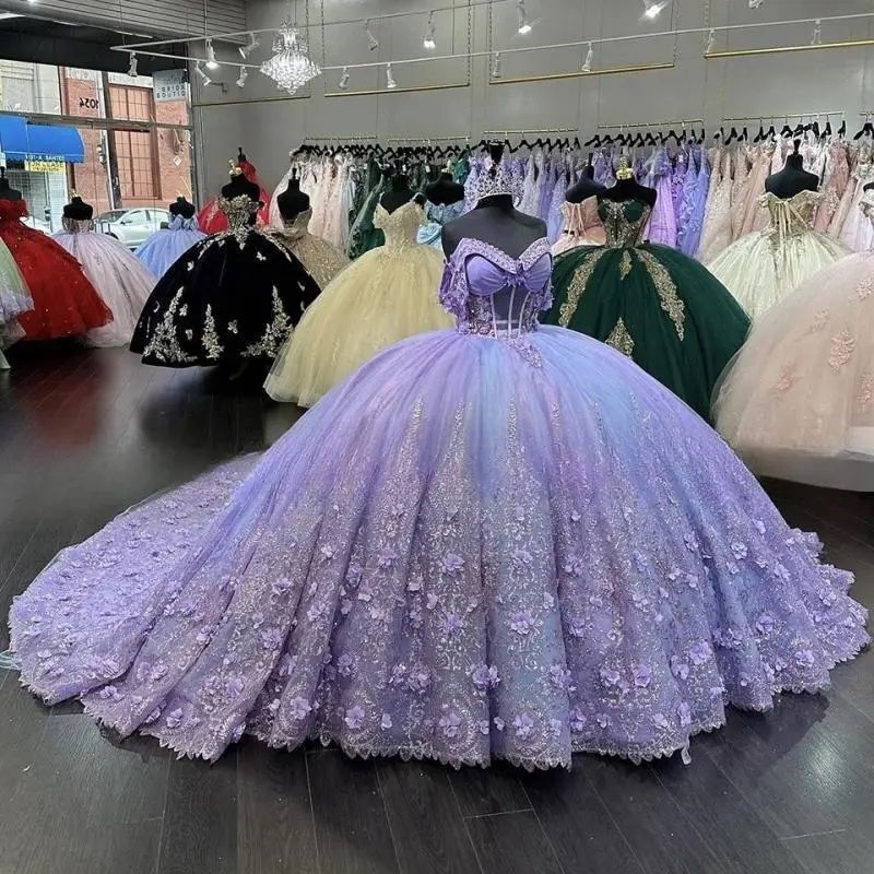 Luxury Lavender Shiny Quinceanera Dresses Sweetheart Sequin Applique Lace Beads Crystal Tull 2025 Sweep 16 Dress Vestido De 15 anos
