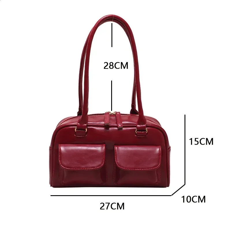 Retro Red Womens Satchel Hobo Bag Patent Leather Multi Pocket Handbag Female Shoulder Underarm Tote Purses 240820ZYl