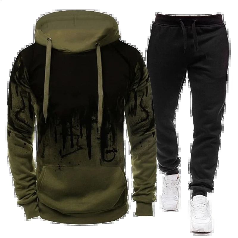 Sportswear Mens casual Hoodie pants 2-piece autumn and winter jogging splash ink long sleeve splash ink sweater suit S-4XL 240821